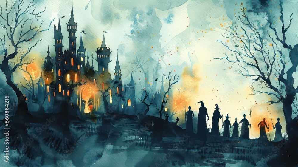 Eerie castle with shadowy figures and spectral lights, Halloween theme, watercolor, haunted elegance Eerie castle with shadowy figures and spectral lights, Halloween theme, watercolor, haunted elegance