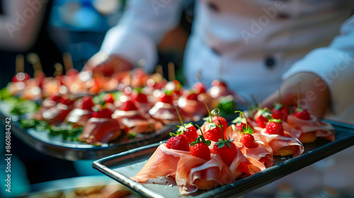 Fototapeta Naklejka Na Ścianę i Meble -  Finger food a waitress distributes a tray of Iberian Serrano ham with bread spikes and another of tuna roll with strawberries at a wedding celebration selective focus on tuna canape : Generative AI