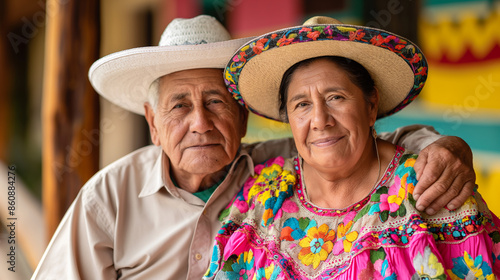 Portrait of a senior couple wearing traditional mexican clothes smiling photo