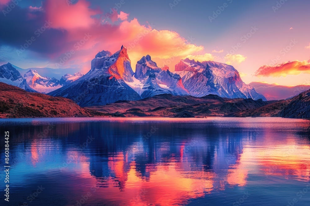 In the evening, the red sunset shines on the snow capped mountains and the reflection on the lake surface In the evening, the red sunset shines on the snow capped mountains and the reflection on the lake surface