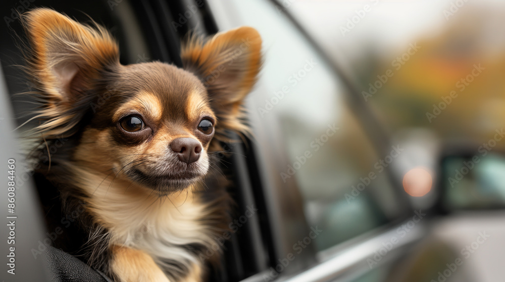 Small dog enjoying wind while poking head out car window Small dog enjoying wind while poking head out car window