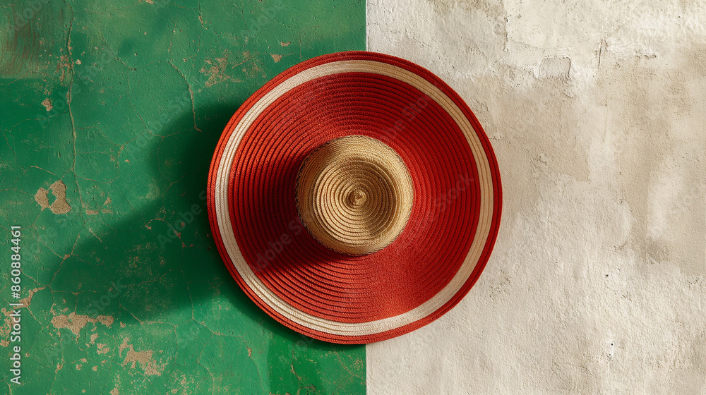 Red and white straw hat hanging on green and white wall mexican culture Red and white straw hat hanging on green and white wall mexican culture