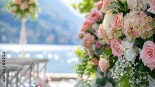 Fototapeta Naklejka Na Ścianę i Meble -  Weddings on Lake Como Soft focus A beautiful flower decoration for a wedding ceremony in the garden by the lake Luxurious wedding hall Registration of the wedding ceremony Italy April  : Generative AI
