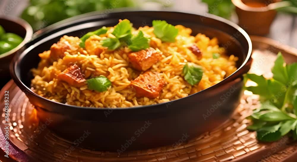 Rice chicken biryani in a plate with green leaves in a rustic composition Rice chicken biryani in a plate with green leaves in a rustic composition