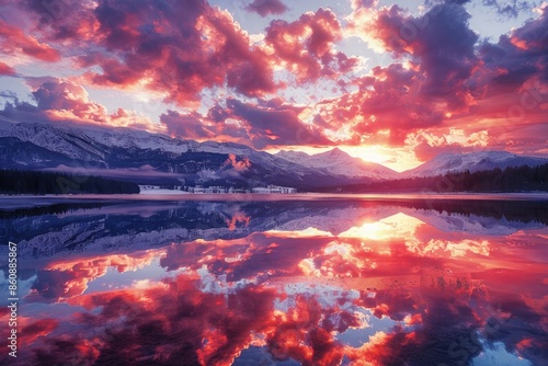 In the evening, the red sunset shines on the snow capped mountains and the reflection on the lake surface