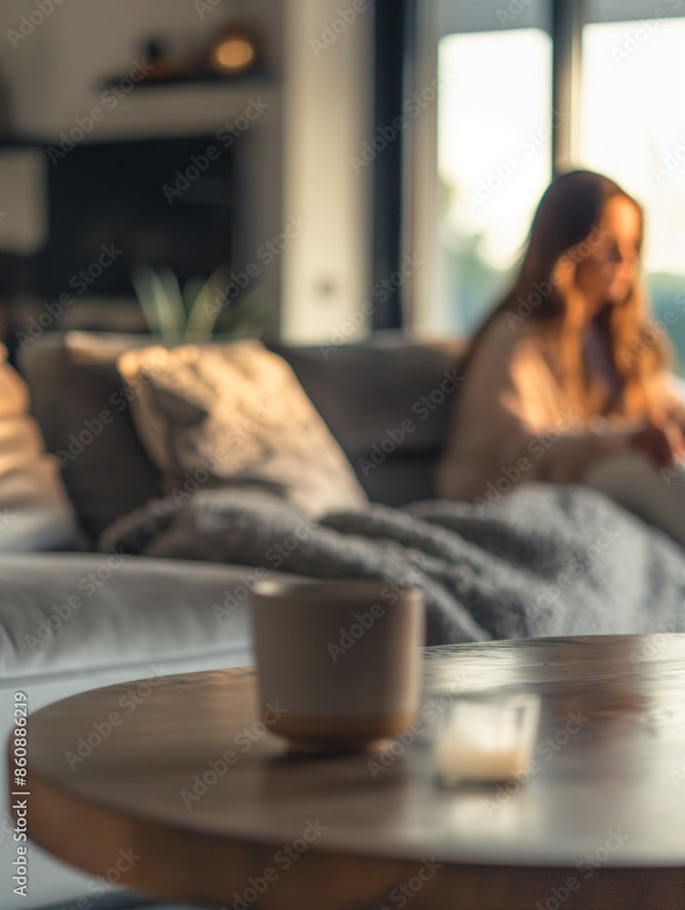 In the room the girl sat on the sofa with a table in the foreground. The focus is on the table, the background of the figure is blurred In the room the girl sat on the sofa with a table in the foreground. The focus is on the table, the background of the figure is blurred