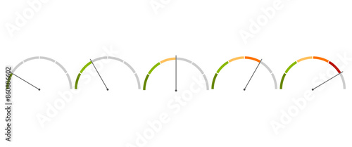 Meter scale with arrow. The measuring device icons set. Sign tachometer, speedometer, indicators. Illustration in flat style. Infographic gauge elements