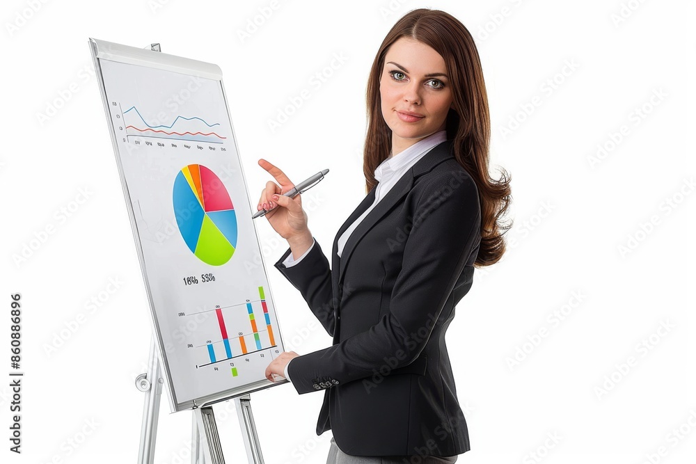 Businesswoman Presenting Financial Data on Whiteboard Businesswoman Presenting Financial Data on Whiteboard