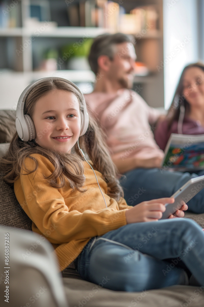 A young girl with headphones on, sitting on the living room sofa playing games or watching videos on her tablet computer while parents sit nearby reading newspapers and enjoying time together A young girl with headphones on, sitting on the living room sofa playing games or watching videos on her tablet computer while parents sit nearby reading newspapers and enjoying time together