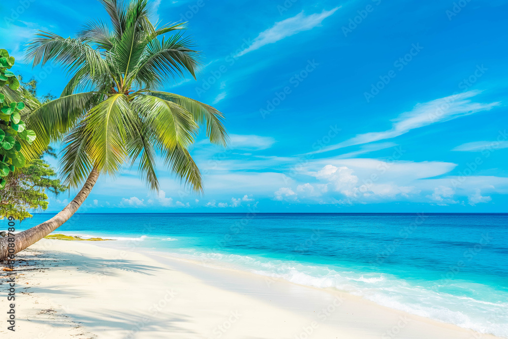 Fototapeta premium Tropical white sand beach with coco palms and the turquoise sea on