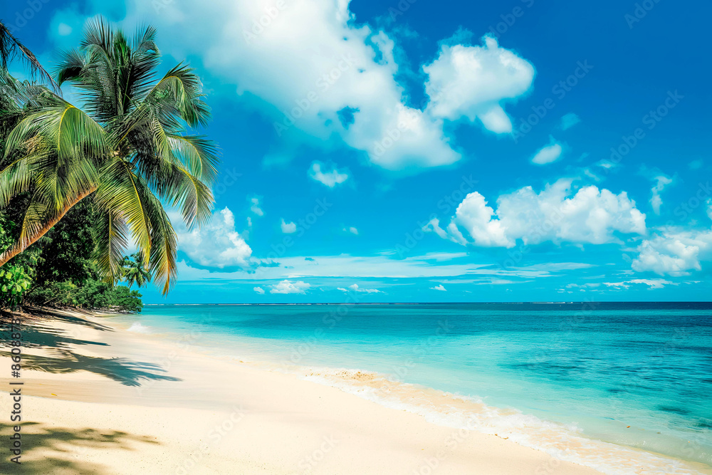 Tropical white sand beach with coco palms and the turquoise sea on Tropical white sand beach with coco palms and the turquoise sea on