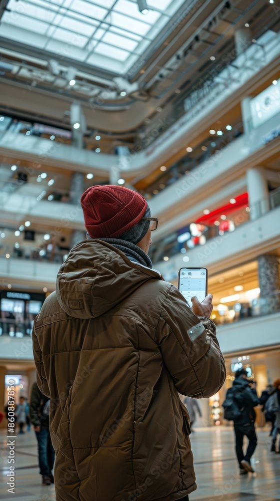 Mockup of man using blank screen mobile phone with people walking in front of shopping area department store Mockup of man using blank screen mobile phone with people walking in front of shopping area department store