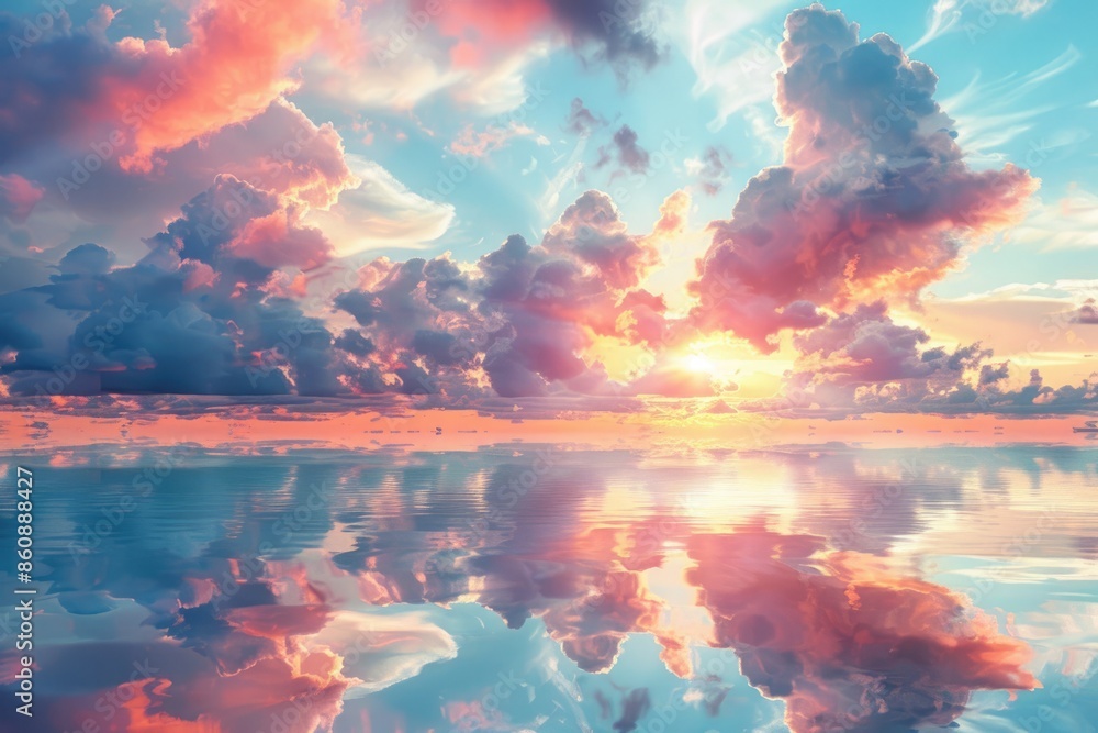 At sunset, red sunset and reflection on the lake surface At sunset, red sunset and reflection on the lake surface