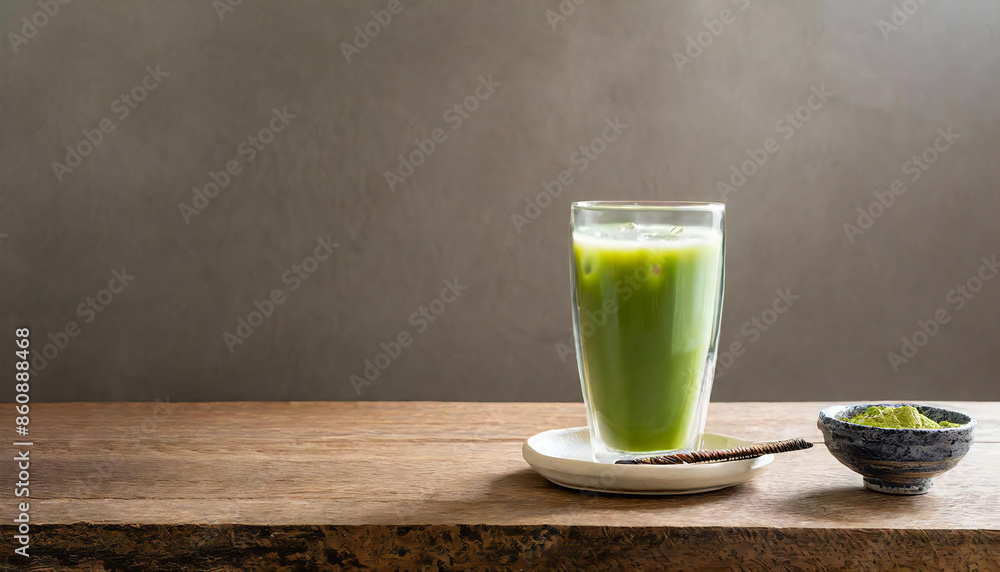 Fototapeta premium Green juice. Glass. Breakfast. Dining table. Copy space.