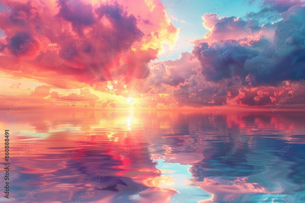 Fototapeta premium At sunset, red sunset and reflection on the lake surface