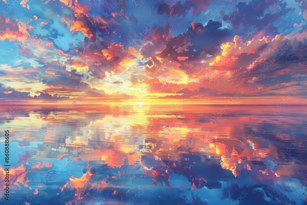 Fototapeta premium At sunset, red sunset and reflection on the lake surface