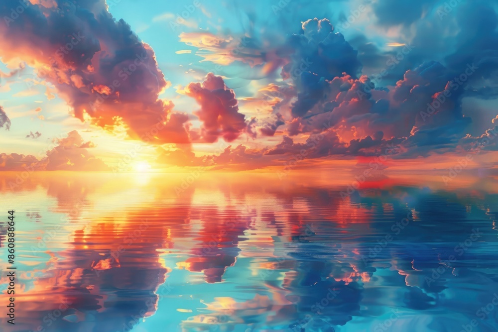 Fototapeta premium At sunset, red sunset and reflection on the lake surface