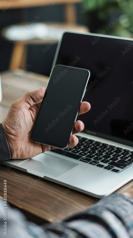 Mockup of man using blank screen mobile phone with people walking in front of shopping area department store Mockup of man using blank screen mobile phone with people walking in front of shopping area department store