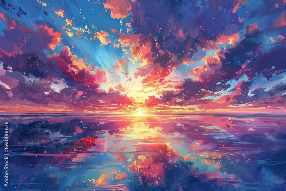 Naklejka premium At sunset, red sunset and reflection on the lake surface