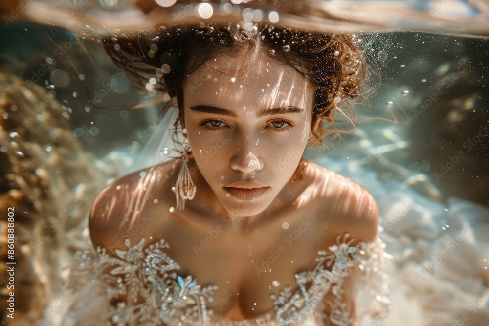 Obraz premium The bride wearing a white wedding dress, diving