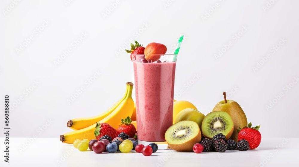 Fresh and healthy strawberry smoothie with berries and kiwi on a white table Fresh and healthy strawberry smoothie with berries and kiwi on a white table