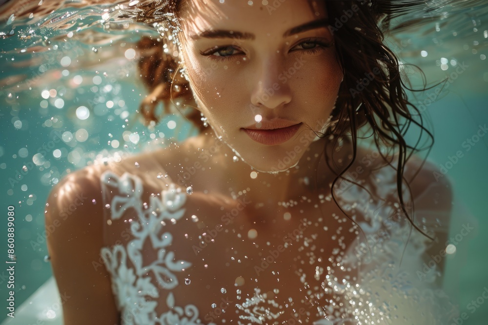 The bride wearing a white wedding dress, diving The bride wearing a white wedding dress, diving