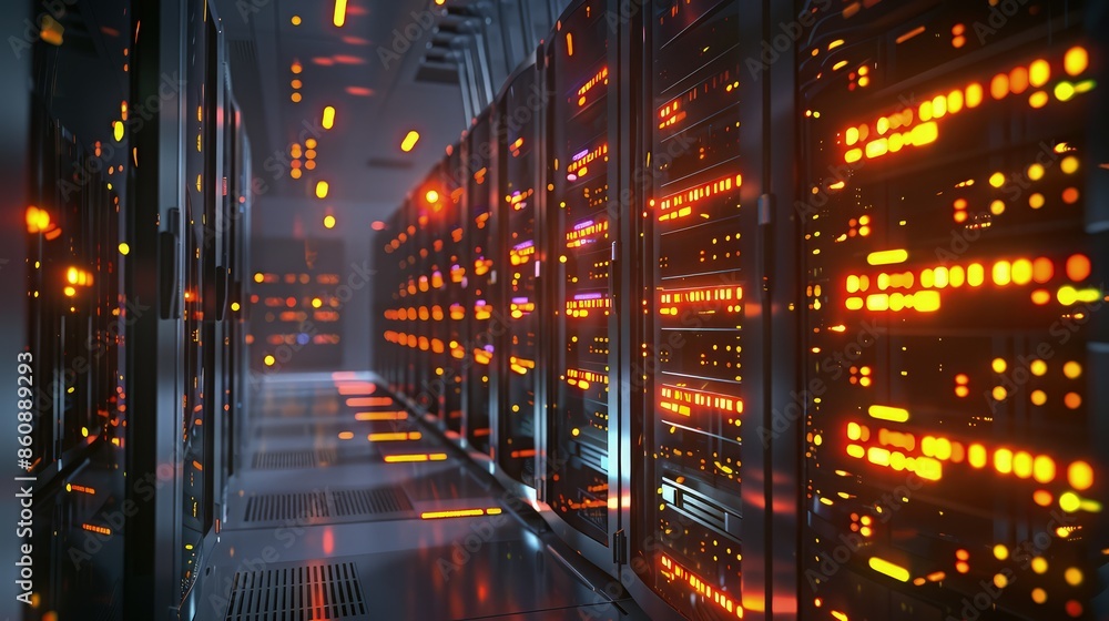 A sleek, modern data center, with lines of servers illuminated by rhythmic, glowing indicators, showcasing the physical infrastructure behind AI. A sleek, modern data center, with lines of servers illuminated by rhythmic, glowing indicators, showcasing the physical infrastructure behind AI.