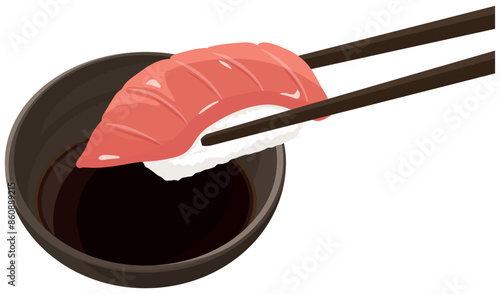 中トロ寿司を醤油につける