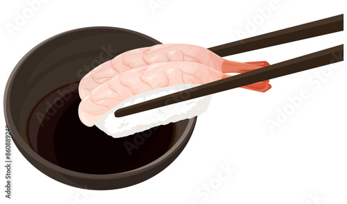 甘エビの寿司を醤油につける