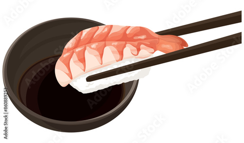エビの寿司を醤油につける