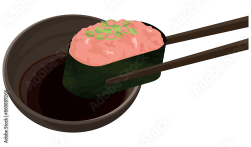 ネギトロ軍艦を醤油につける