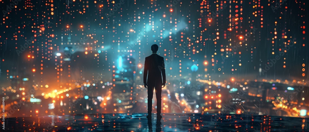 Man Looking Out Over Cityscape at Night. Man Looking Out Over Cityscape at Night.