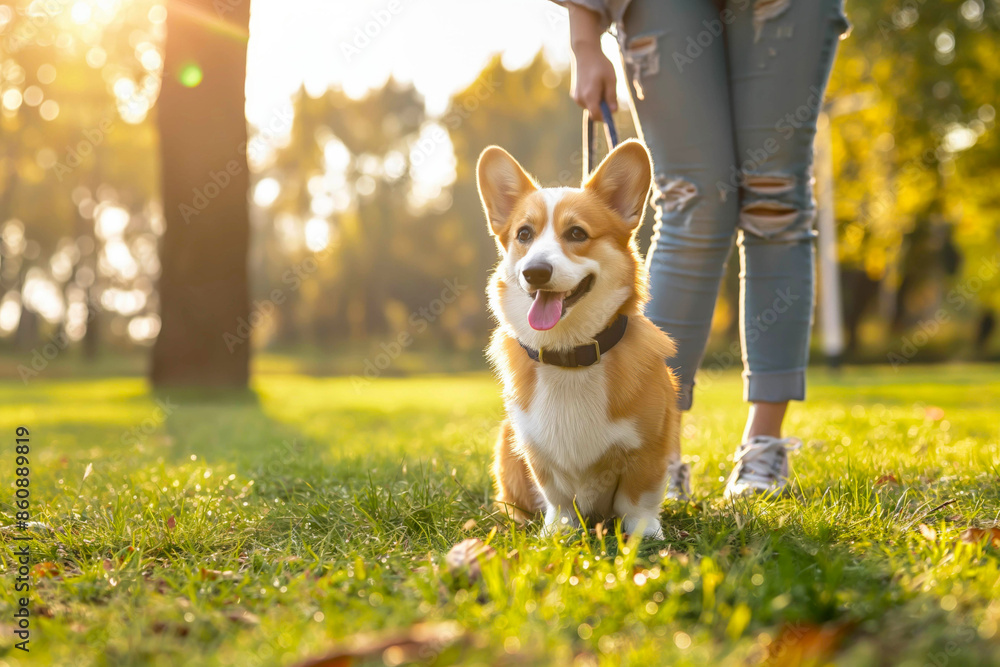 young girl trains pembroke welsh corgi in the park in sunny weather, happy dogs concept young girl trains pembroke welsh corgi in the park in sunny weather, happy dogs concept