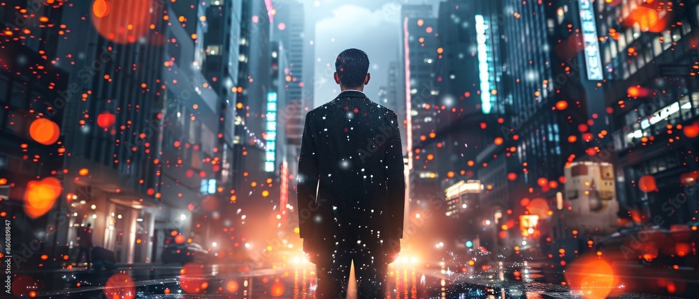 Man Walking Through City Lights. Man Walking Through City Lights.