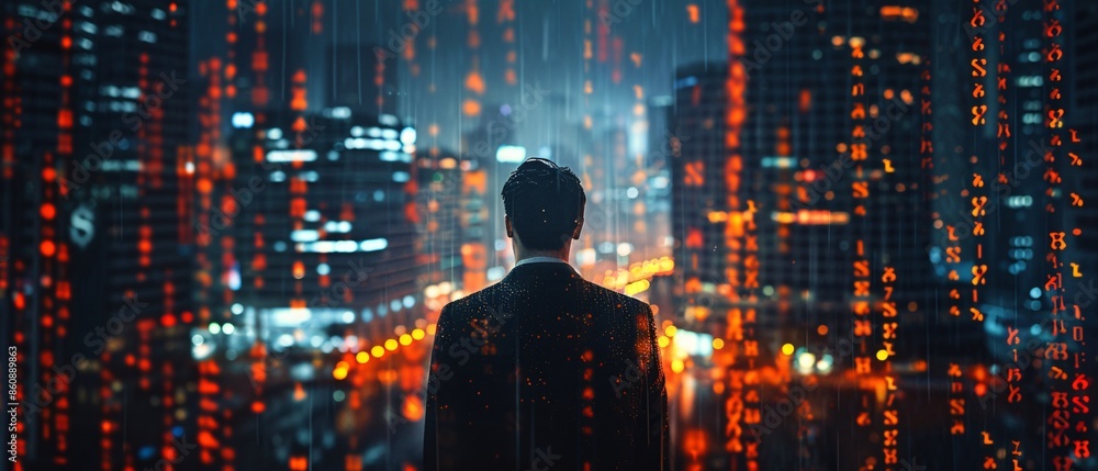 Man In Suit Looking Out At City Lights In The Rain. Man In Suit Looking Out At City Lights In The Rain.