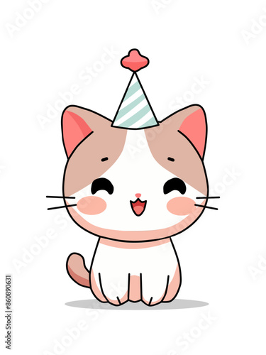 vector illustration of a cute cat wearing a birthday hat in a flat and minimalist style isolated on a white background