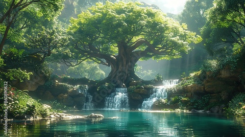 Genesis: God's Serene Garden of Eden with Waterfalls