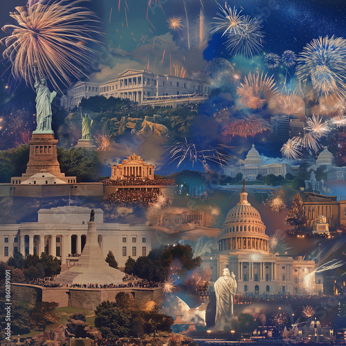 A montage of iconic American landmarks, such as the Statue of Liberty, Mount Rushmore, and the White House, transitioning to scenes of fireworks and celebrations, with patriotic mu photo