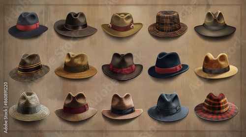 A collection of vintage hats displayed on a wooden wall. The hats are various styles and colors. photo