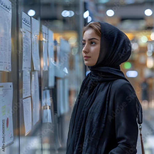 Young Woman in a Black Hijab Looking at a Notice Board