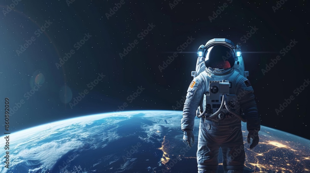 Fototapeta premium Astronaut floating in space above Earth, viewed from orbit with a starry background, symbolizing exploration and adventure.