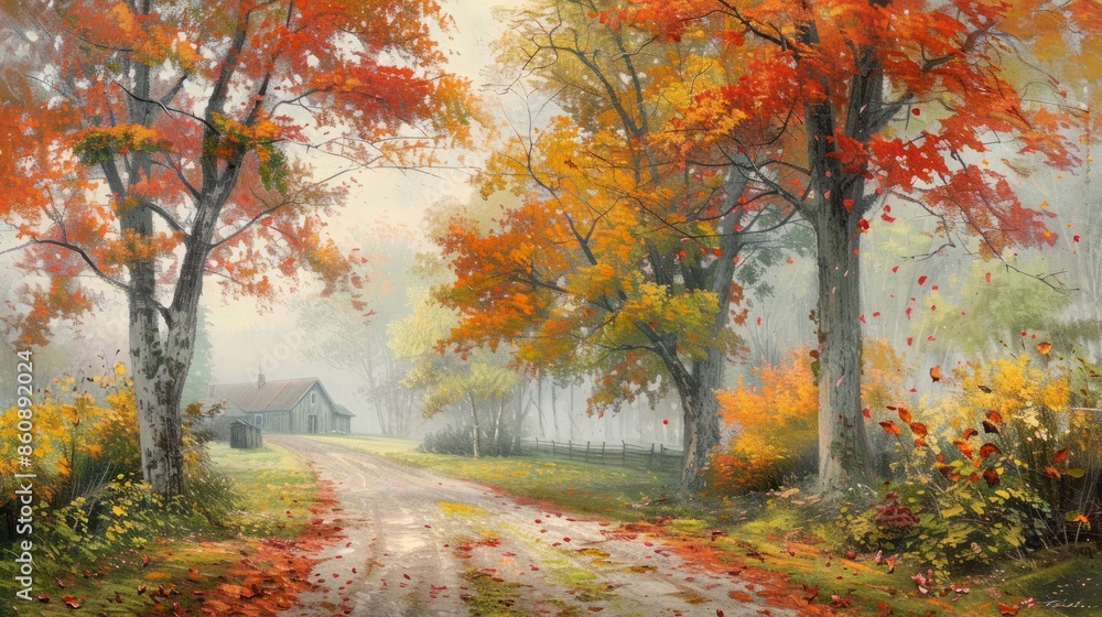 A painting of a road with trees and a house in the background. Generate AI image A painting of a road with trees and a house in the background. Generate AI image
