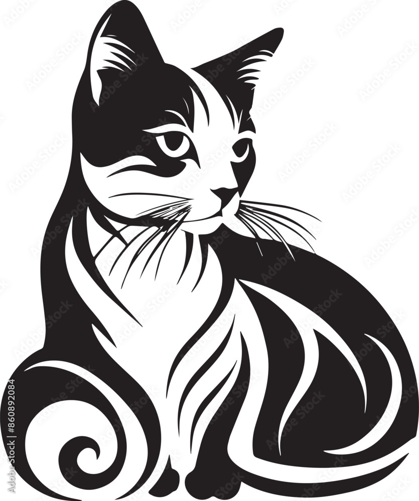 Obraz premium Sitting cat black and white silhouette, vector illustration