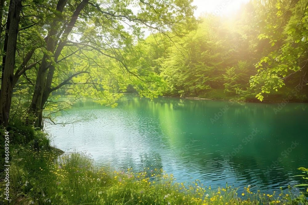 idyllic forest lake scene sunlight dappling through lush canopy crystalclear water teems with fish while wildflowers dot the verdant shore perfect summer retreat into natures embrace idyllic forest lake scene sunlight dappling through lush canopy crystalclear water teems with fish while wildflowers dot the verdant shore perfect summer retreat into natures embrace