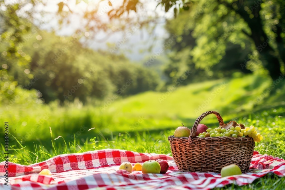 idyllic picnic scene red and white checkered blanket on lush grass wicker basket fresh fruits pastoral landscape background warm sunlight idyllic picnic scene red and white checkered blanket on lush grass wicker basket fresh fruits pastoral landscape background warm sunlight
