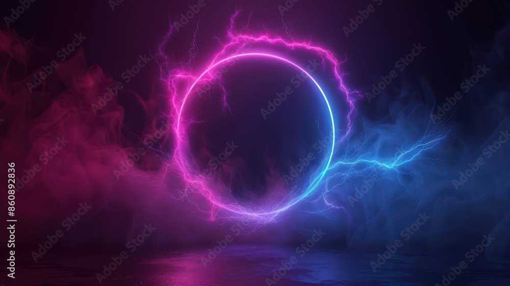 Neon Glowing Circle with Electric Lightning and Colorful Smoke in Dark Abstract Background Neon Glowing Circle with Electric Lightning and Colorful Smoke in Dark Abstract Background