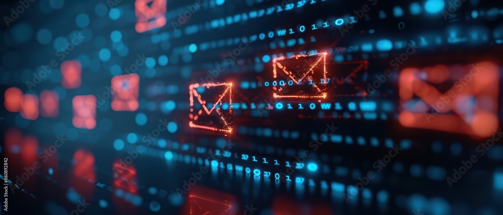 Obraz premium Futuristic Digital Communication Concept with Glowing Email Icons and Binary Code Background