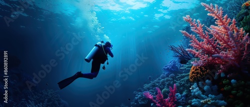 Wallpaper Mural Scuba Diver Exploring Vibrant Coral Reef Underwater in Crystal Clear Ocean Torontodigital.ca