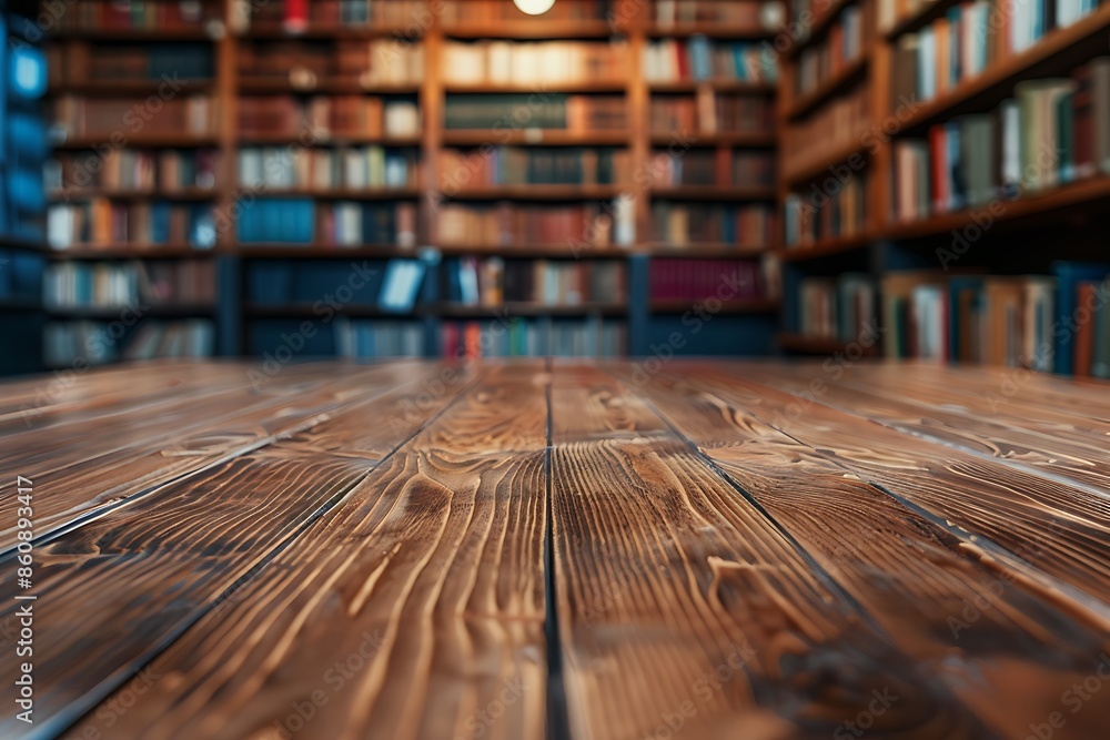Top view of glossy wooden table on library blurred background. Top view of glossy wooden table on library blurred background.