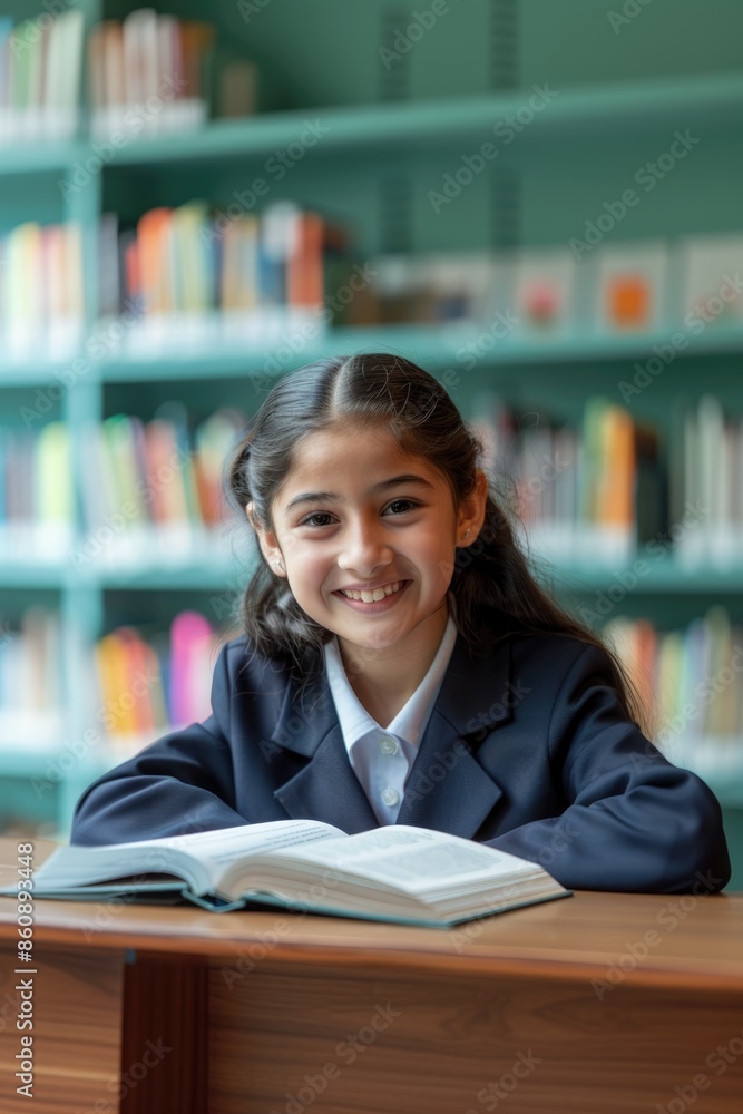 Back to School. Portrait of smiling schoolgirl sitting at desk in library and reading book. Back to School. Portrait of smiling schoolgirl sitting at desk in library and reading book.